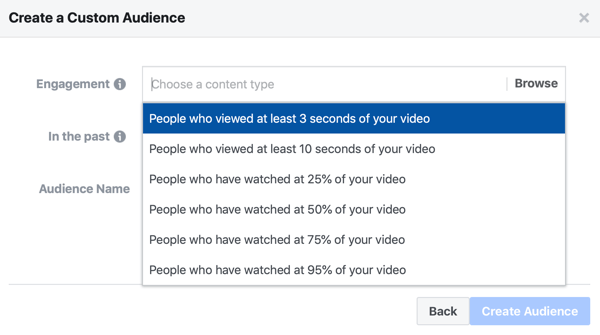 Možnost vytvořit vlastní publikum z reklamy na Facebooku lidí, kteří sledovali část vašeho videa.