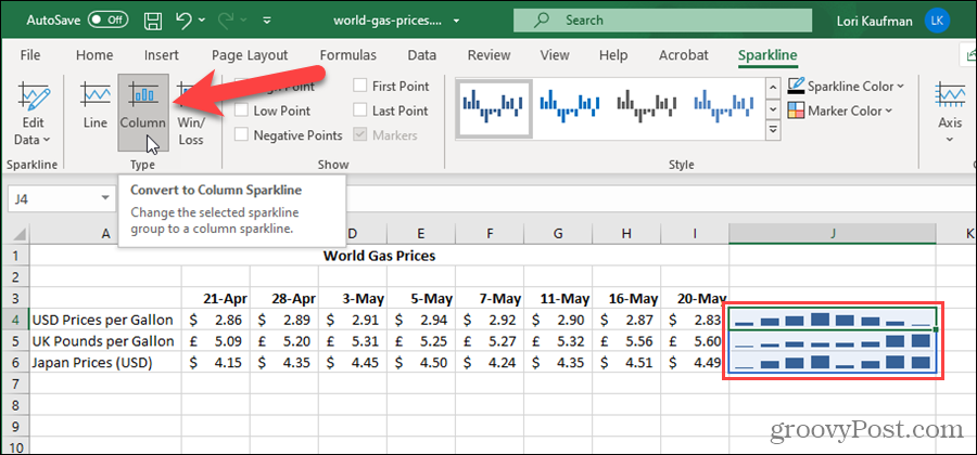Změňte typ jiskry v aplikaci Excel