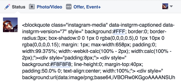 Vložte kód pro vložení ze svého příspěvku na Instagramu do aktualizace stavu na Facebooku.