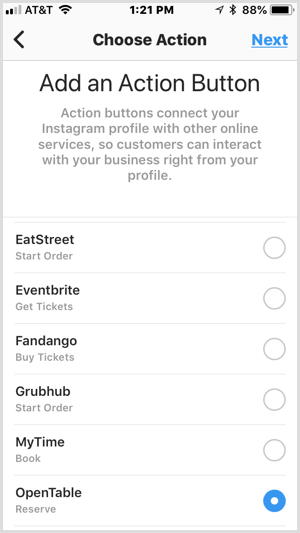 Instagram Přidejte obrazovku Akční tlačítko pro služby třetích stran