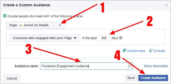 Vyplňte podrobnosti a vytvořte si vlastní publikum zaměřené na zapojení Facebooku.