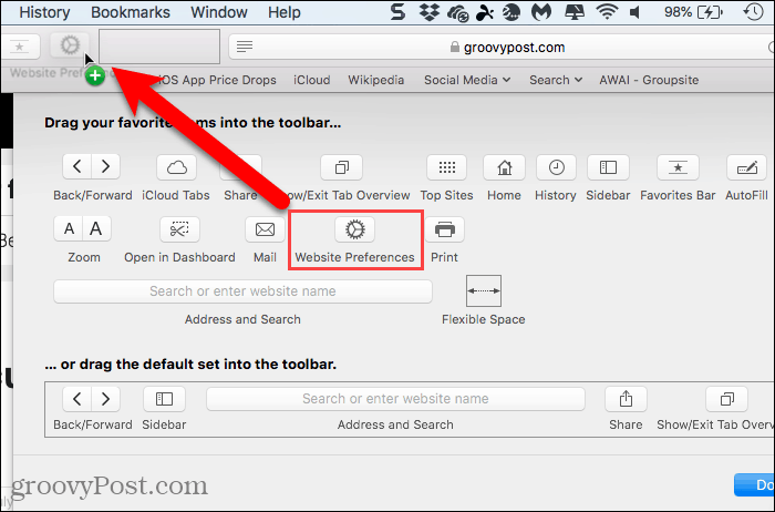Tlačítko Přidat webovou předvolbu na Panel nástrojů v Safari pro Mac