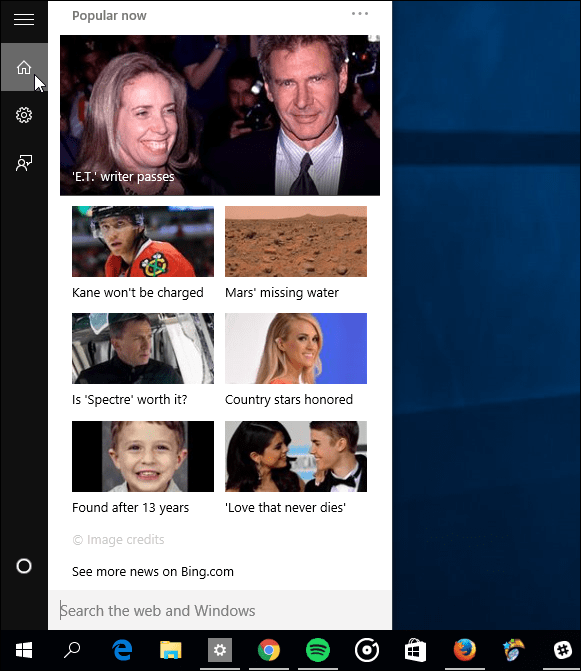 Cortana no Cards enabled