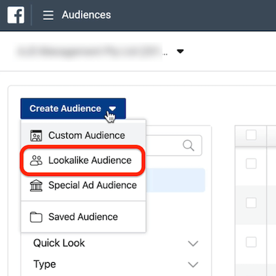 snímek obrazovky možnosti Lookalike Audience zakroužkovaná v rozbalovací nabídce Vytvořit publikum ve službě Ads Manager