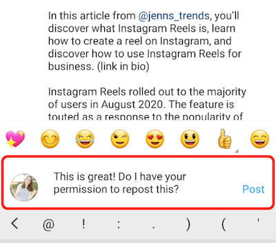 instagram příspěvek příklad komentář reakce kompliment a žádost o povolení k opětovnému zveřejnění obsahu