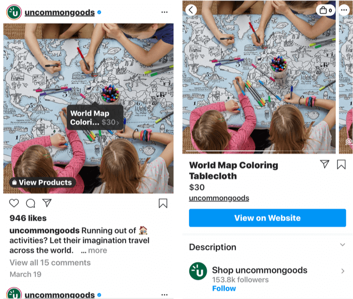 snímky obrazovky zobrazující značku instagramu přidanou k příspěvku produktu, který lze zakoupit, a stránku obchodu produktu, jakmile je vybrána značka příspěvku
