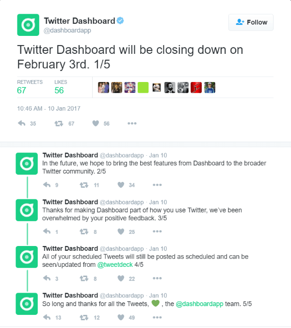 Twitter vypne Twitter Dashboard 3. února 2017.