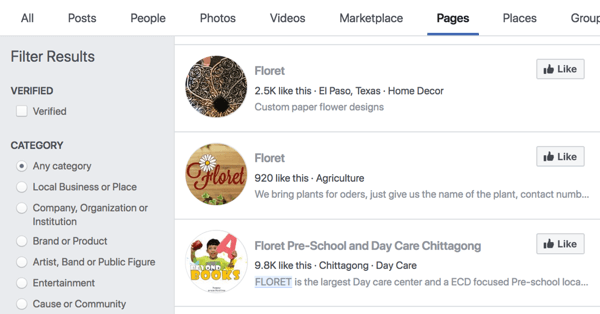 Výsledky vyhledávání na Facebooku pro Floret.