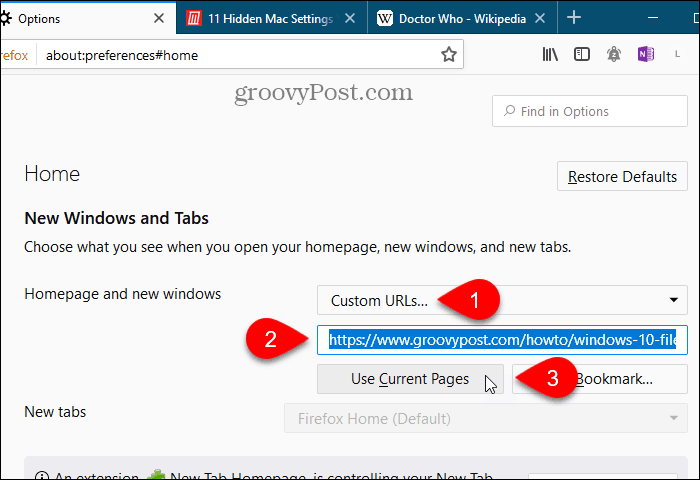 Ve Firefoxu klikněte na Použít aktuální stránky pro domovskou stránku