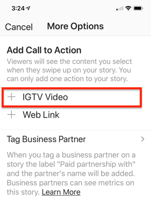 Možnost vybrat odkaz na video IGTV, který chcete přidat do svého příběhu Instagramu.