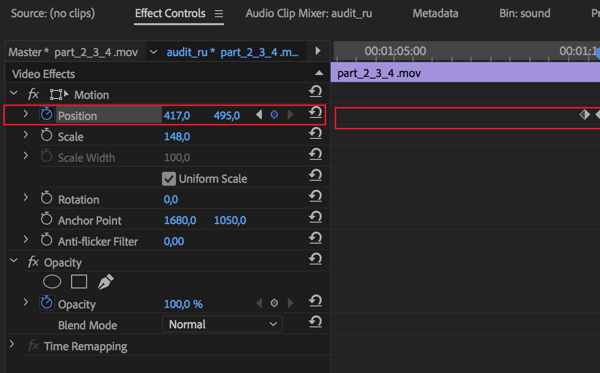 Nastavení pro úpravu středové polohy pro každý snímek v sekvenci v aplikaci Adobe Premier Pro.