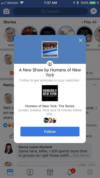 Facebook upozorňuje mobilní uživatele, když jsou k dispozici nové epizody sledování.