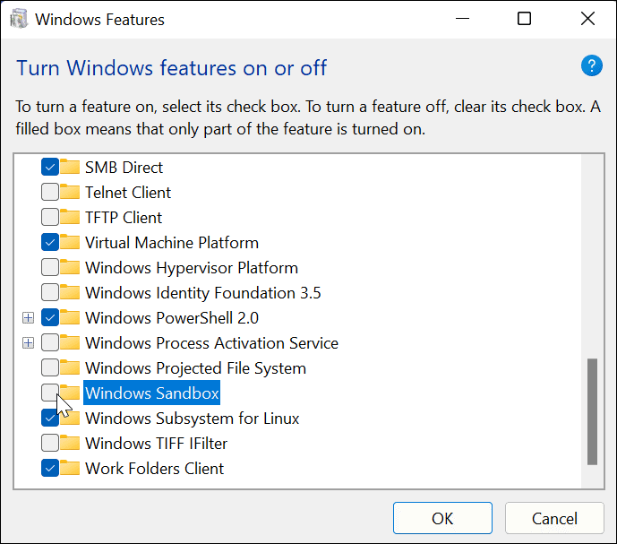 Zrušte zaškrtnutí políčka Windows Sandbox