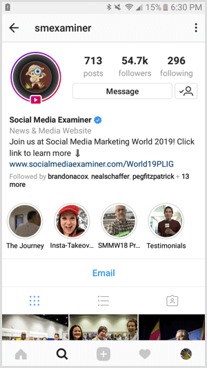 Příklad obchodního profilu Instagramu