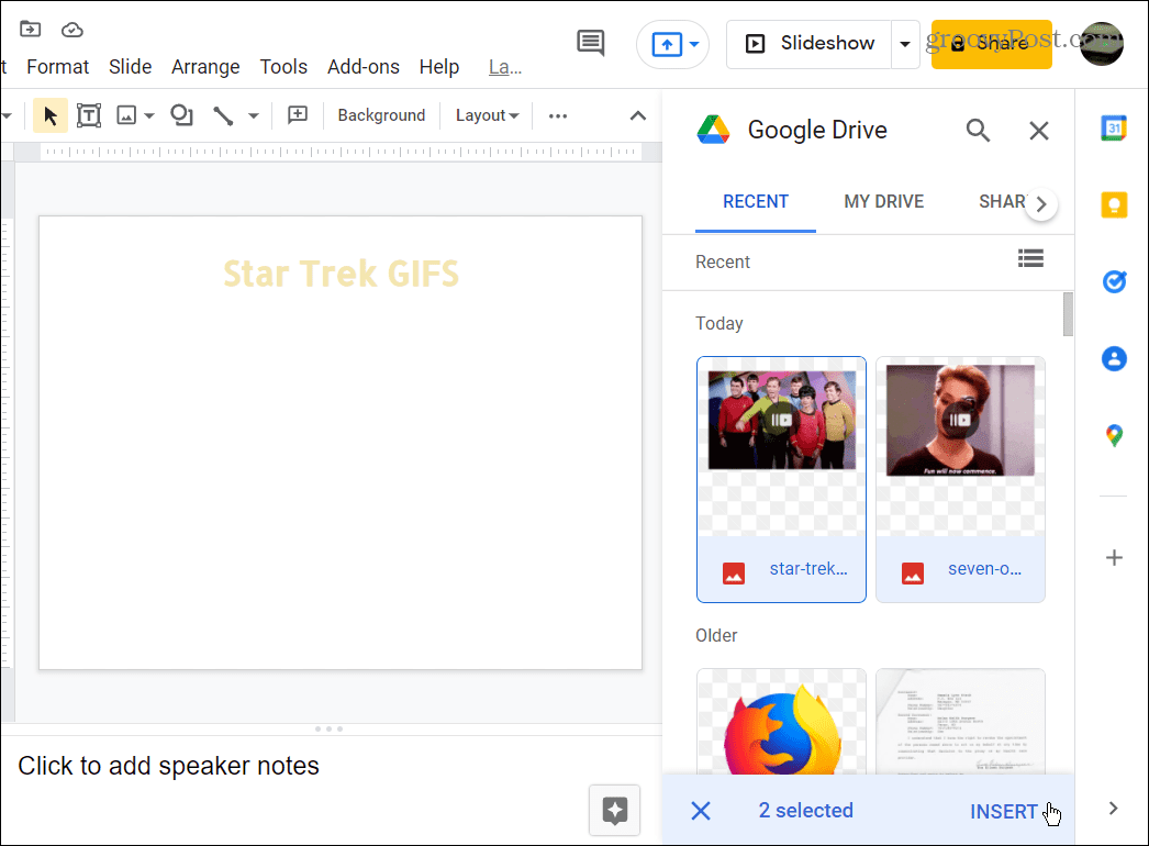 vyberte GIFS, který chcete použít, z Disku Google