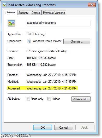 Snímek obrazovky systému Windows 7 - datum přístupu není příliš aktualizováno