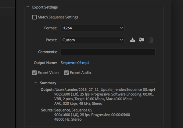 Nastavení exportu videa z aplikace Adobe Premier Pro s formátem nastaveným na H.264.