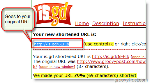 screenshot zkrácené adresy URL is.gd - zkopírujte novou krátkou adresu URL