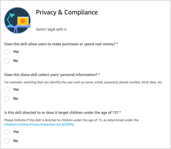 Odpovězte na otázky týkající se ochrany osobních údajů a dodržování předpisů pro své dovednosti Alexa.