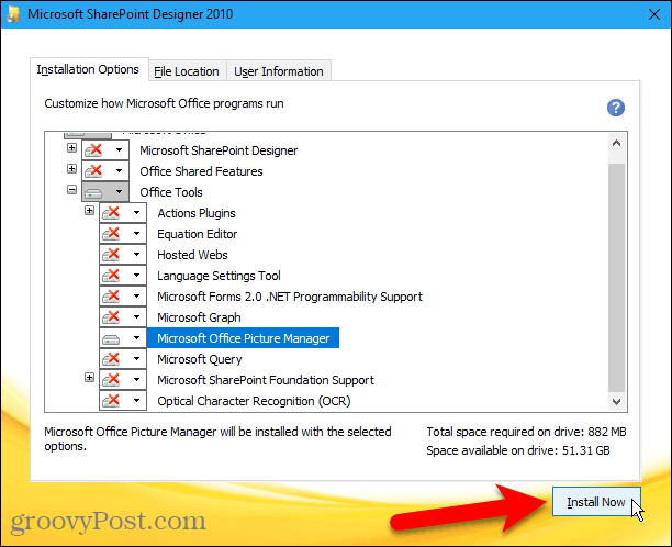 Klepnutím na Instalovat nyní nainstalujte Microsoft Office Picture Manager z Sharepoint Designer 2010