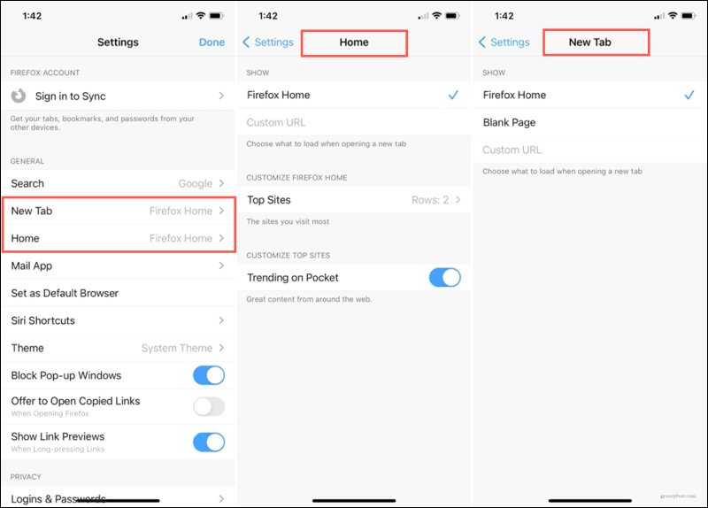 Firefox Přizpůsobte si domov na iPhone