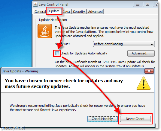 Screenshot: Windows 7 zakáže kontrolu aktualizací Java