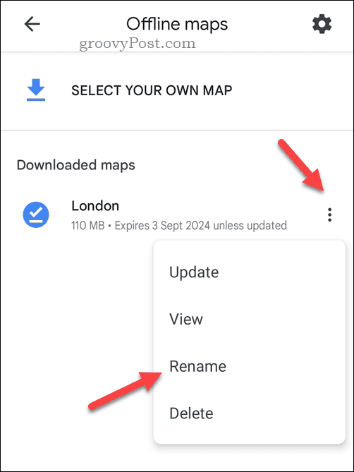 Přejmenujte offline mapu Map Google