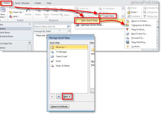 vytvořit nový rychlý krok v aplikaci Outlook 2010