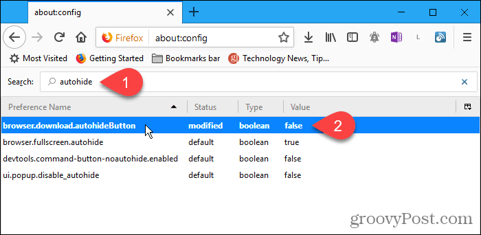 Poklepejte na nastavení konfigurace autohideButton ve Firefoxu