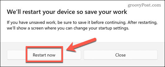 Windows 11 restartujte nyní potvrďte