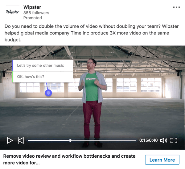 Jak vytvořit objektivní reklamy LinkedIn, sponzorovaný ukázka videoreklamy Wipster