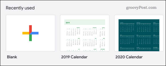 Výběr šablony kalendáře v Tabulkách Google