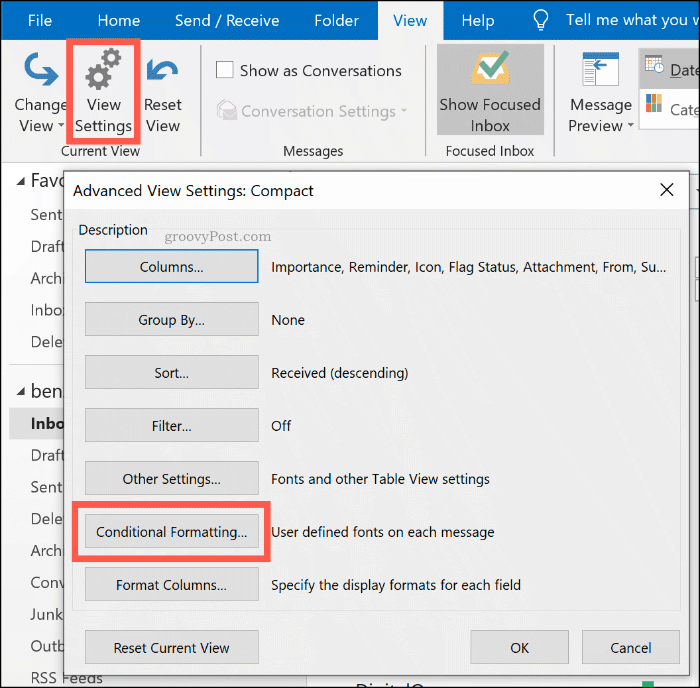 Tlačítko Možnosti podmíněného formátování v aplikaci Microsoft Outlook