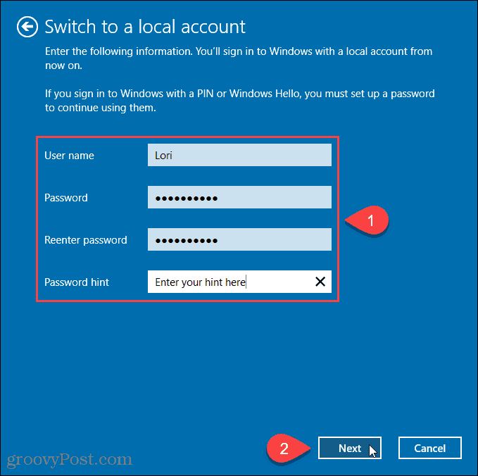 Zadejte uživatelské jméno a heslo pro nový místní účet
