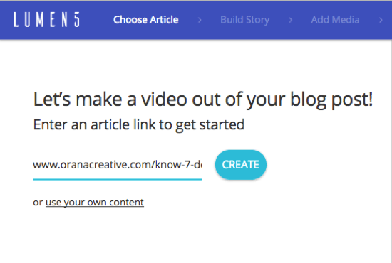 Přidejte adresu URL blogového příspěvku, ze kterého chcete vytvořit video Lumen5.