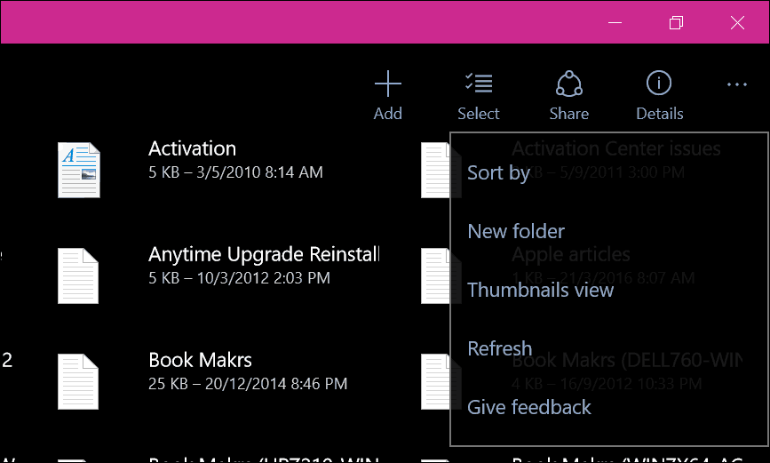 Okna aplikace OneDrive 10 5