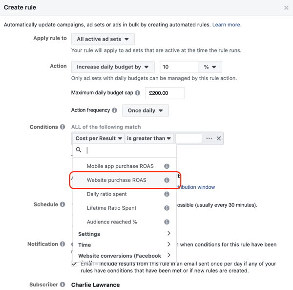 Používejte automatizovaná pravidla Facebooku, zvyšte rozpočet, když je ROAS větší než 2, krok 3, stanovte podmínky