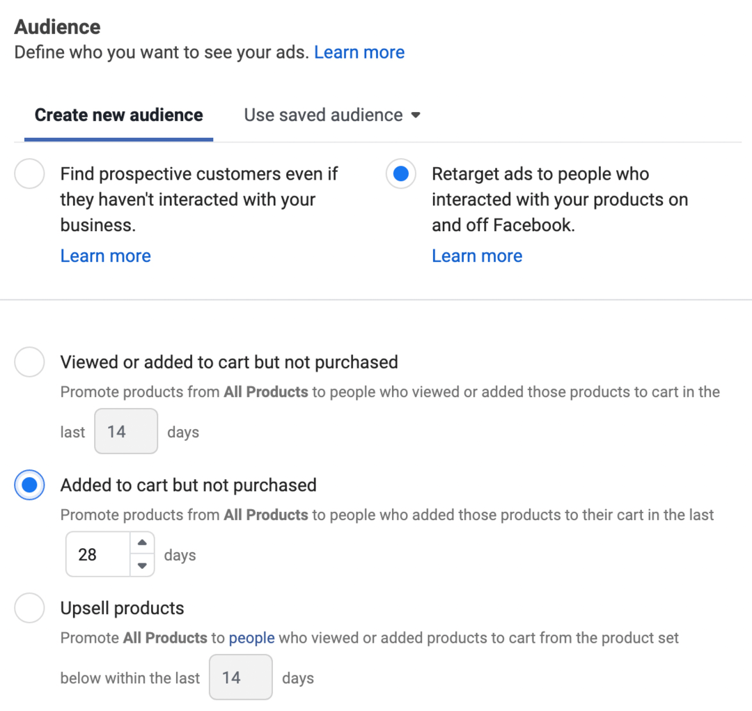 obrázek přesměrování reklam na lidi, kteří interagovali s vašimi produkty na Facebooku i mimo něj, vybraná možnost ve Správci reklam