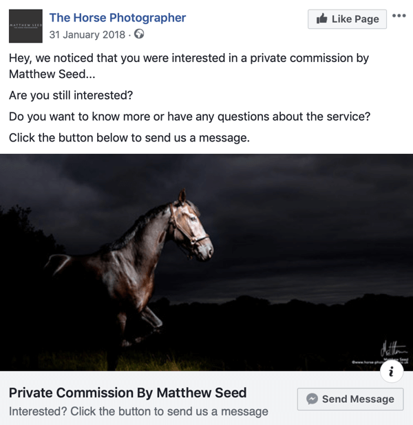 Jak převést návštěvníky webových stránek pomocí reklam Facebook Messenger, krok 3, zveřejněte příklad od The Horse Photographer