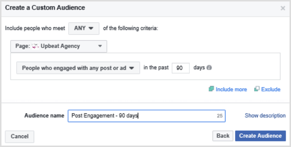 Vyberte možnosti pro nastavení vlastního publika na Facebooku na základě lidí, kteří se za posledních 90 dní zapojili do jakéhokoli příspěvku nebo reklamy