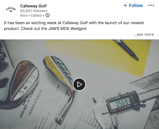 Callaway Golf LinkedIn video oznamující nový produkt