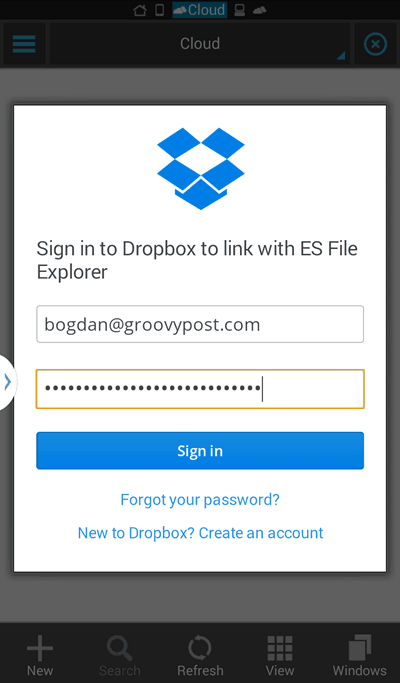 Dropbox pro přihlášení do ES File Explorer