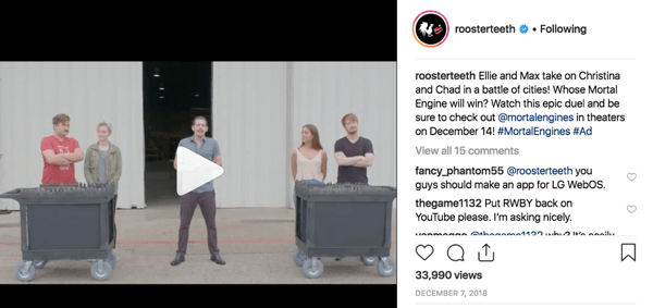 Příklad zapojení superfanů Rooster Teeth na Instagram.
