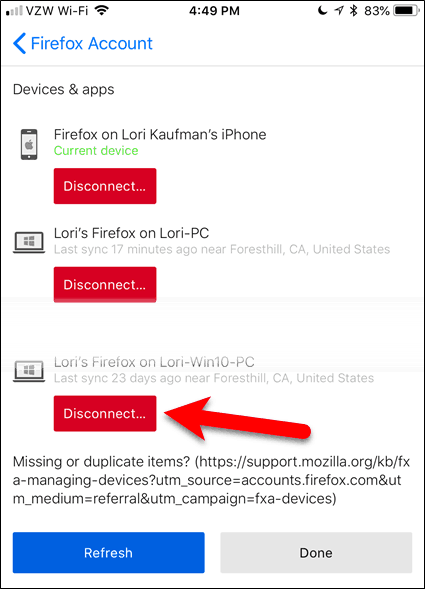 Odpojte zařízení v prohlížeči Firefox pro iOS