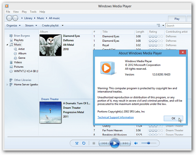 Windows Media Player na ploše Windows 8