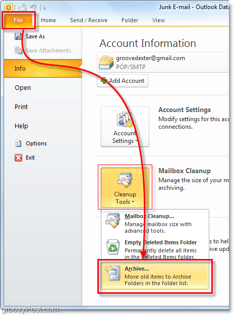 manuální archiv v aplikaci Outlook 2010