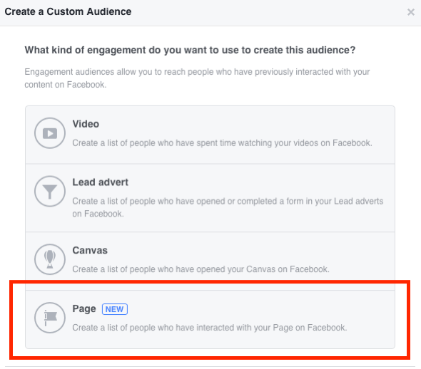 Jako typ zapojení, které chcete použít k vytvoření vlastního publika na Facebooku, vyberte stránku.
