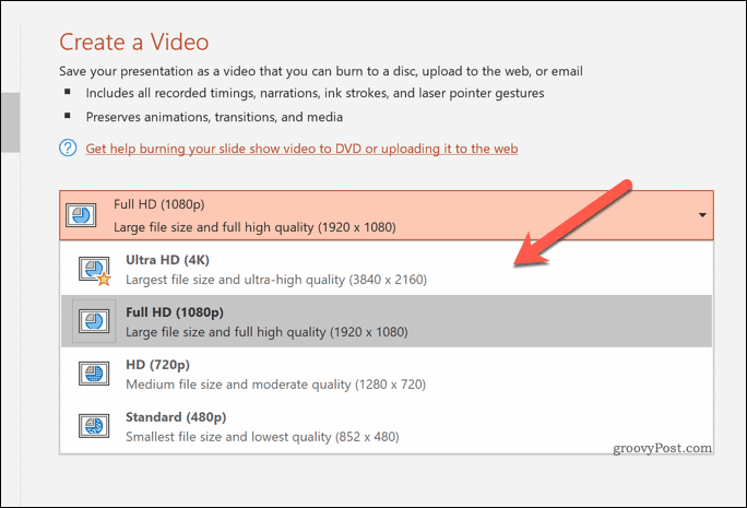 Stanovení kvality exportovaných videí v aplikaci PowerPoint