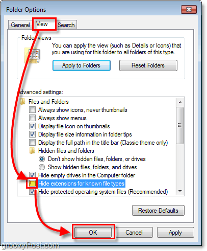 v dialogovém okně Možnosti složky Windows 7 klikněte na kartu zobrazení a poté zrušte zaškrtnutí pro skrytí přípony pro známé typy souborů