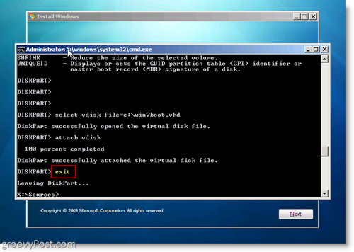 Windows 7 Native VHD Nainstalujte Dual Boot Exit CMD Prompt